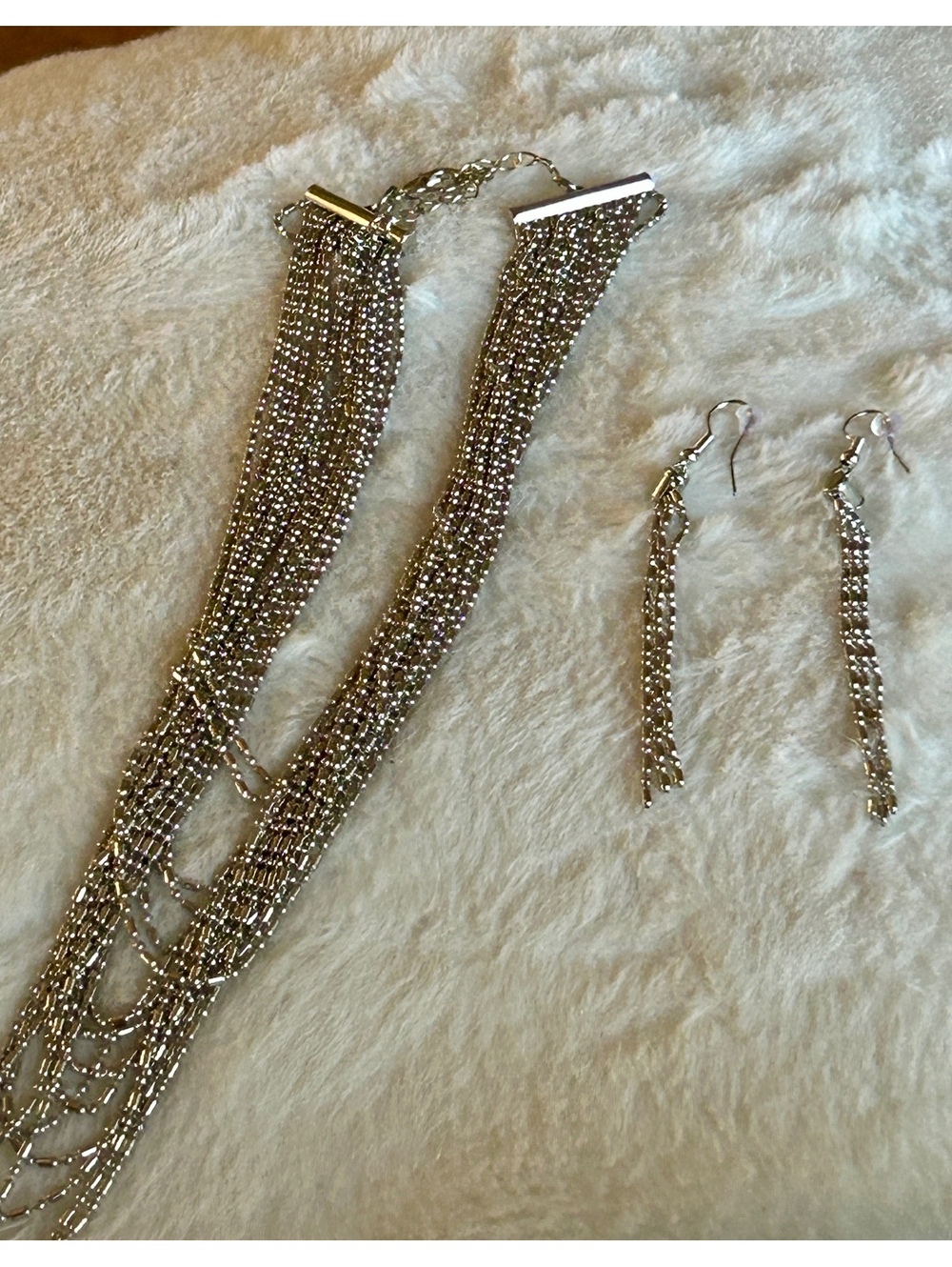 Silver Multi-Strand Chain Necklace with Matching Dangle Earrings Set